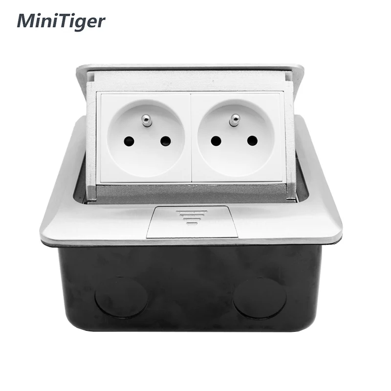 

MiniTiger Aluminum Silver Panel French Standard Pop Up Double Floor Socket 2 Way Electrical Outlet