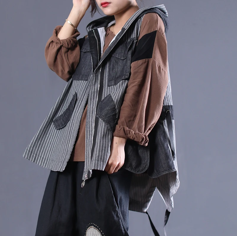 [EWQ] Весенняя Корейская женская одежда новая мода с капюшоном без рукавов в полоску Свободный большой размер ковбойский жилет джинсовое пальто MC220 - Цвет: gray