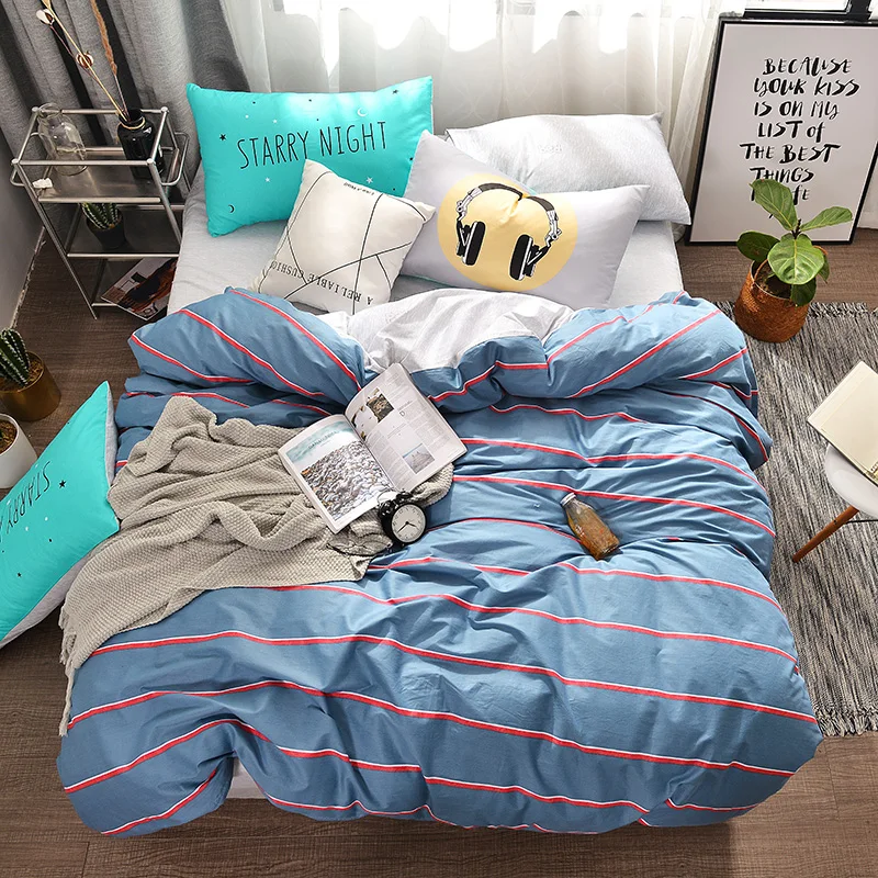 

2018 New Red Lines Blue Bedding 100% Cotton Twin Queen Size 3/4Pcs Print Flat Sheet/Fitted Sheet/Bedskirt Duvet Cover