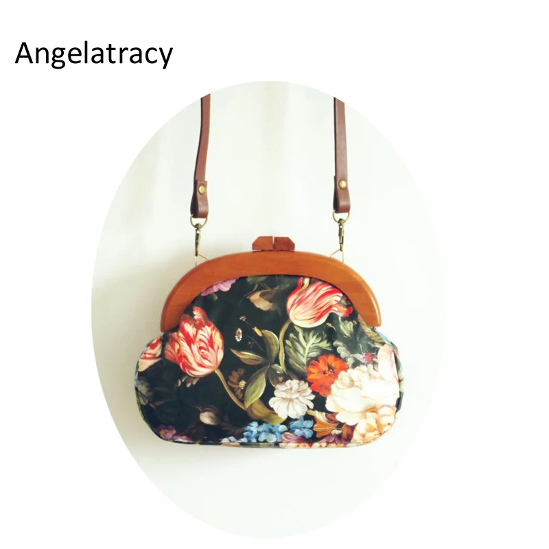 

Angelatracy Floral Vintage PU Handbags Wooden Frame Faux Sheepskin Clutch Bag Oil Printing Floral Flower Women Messenger Bags