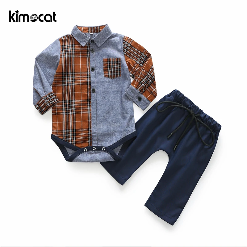 

Kimocat Infants Newborn Handsome Baby Shirt Khaki Baggy Gentleman Long Sleeve Spring Baby Boy Clothes 2pcs Boys Clothing Set