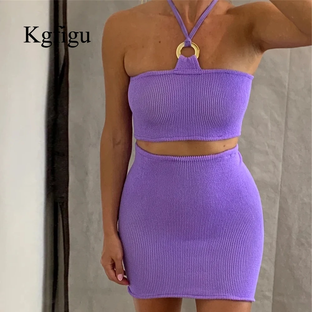 

KGFIGU Casual Women Clothes Sets 2pcs Summer Hanging neck wrapped chest Top+High Waist Mini Pencil Skirt Outfits Slim Streetwear