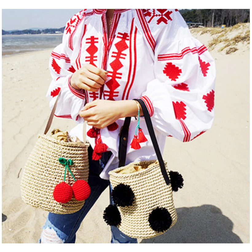 Cherry Lavoro Spalla Donne Sacchetto Al Estate Della Palla Pompon Di Nuovo 2019 Vacanza Bella Borse Ragazza Ball Ciliegio Bucket String Paglia Maglia black Mare A Borsa xwqYxgTnf