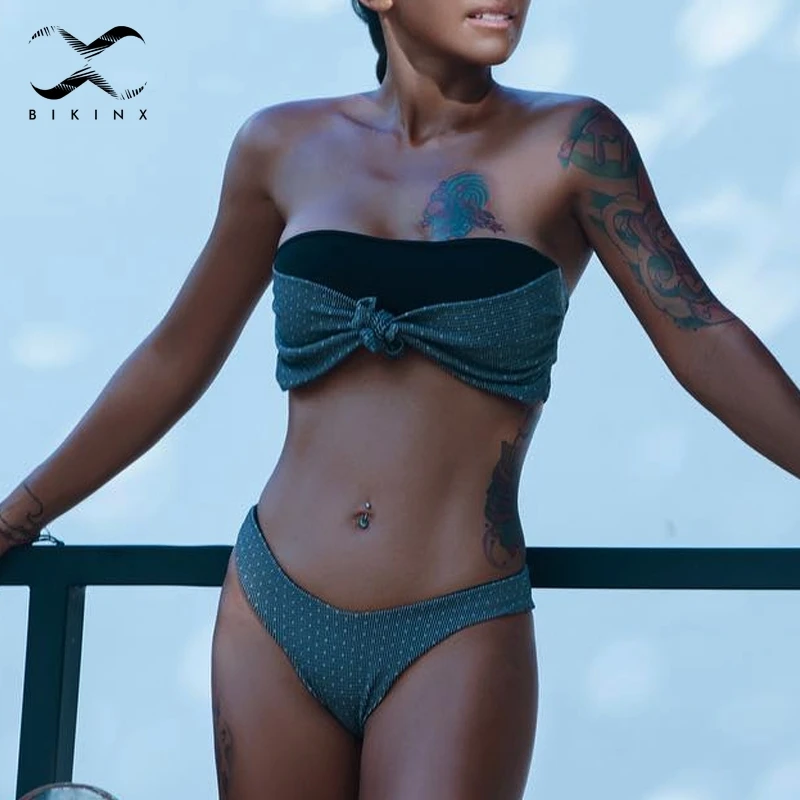 

Bikinx Polka dot bandeau swimsuit female 2019 Summer sexy swimwear Knot push up bikini set High cut bathing suit women bathers