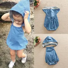 2016 Newborn Kids Baby Girls Infant Clothes Hooded Cute Cotton Backless Rompers Summer Denim Jumpsuit Summer