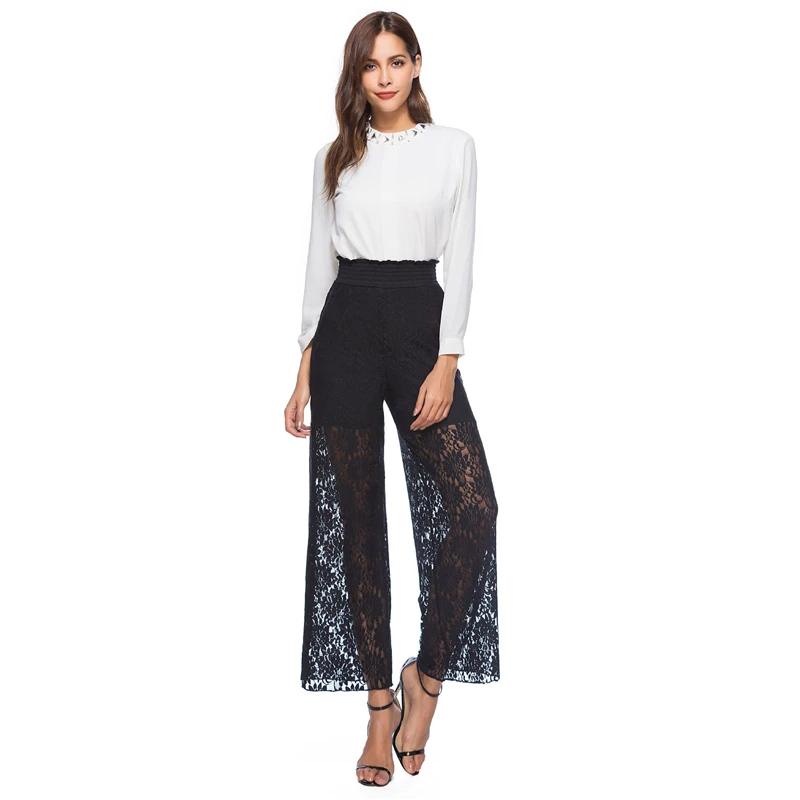 

Women Loose Wide Leg Pants Lace Hollow Out Trim High Elastic Waist Female Summer Wear Casual Trousers