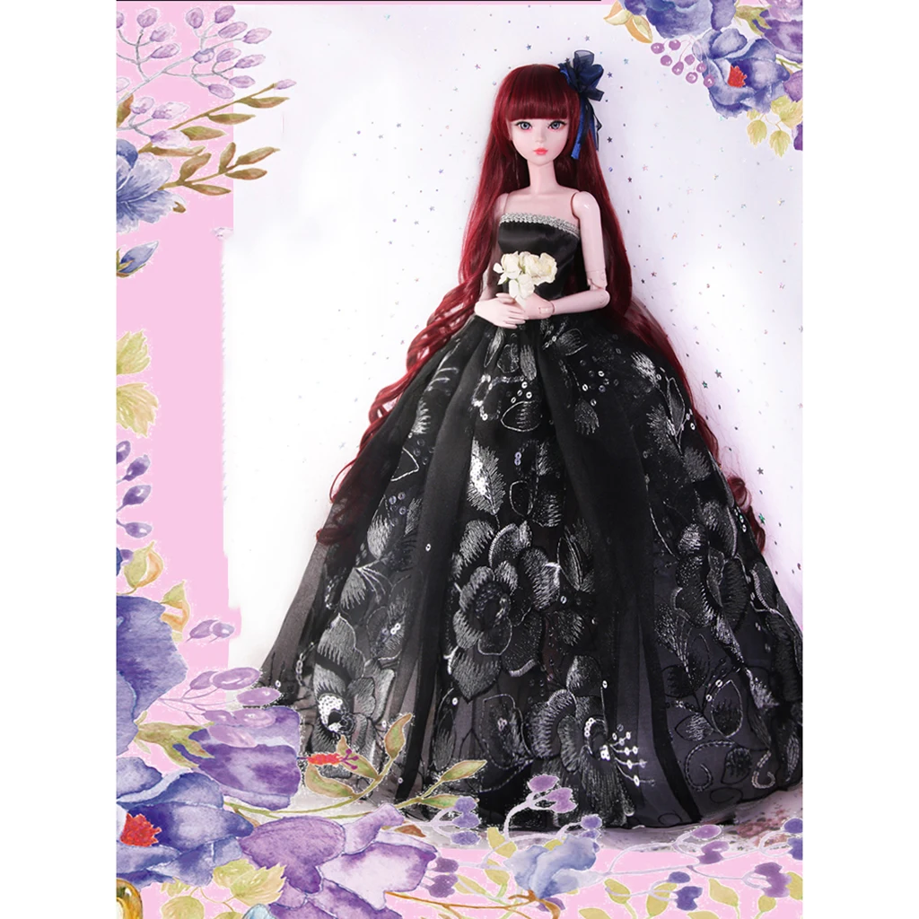 

Doll Black Cute Sleeveless Long Embroidery Evening Party Dress Skirt Princess Girl doll Dress Clothing Outfit for 1/3 BJD Dolls