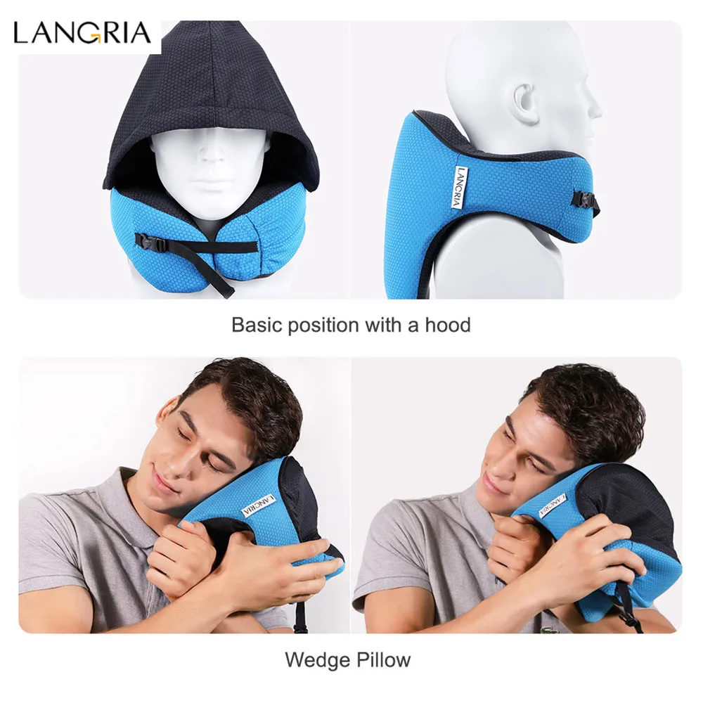 LANGRIA Travel Pillow 6-in-1 Long Haul Astronaut Memory Foam with Detachable Hood Adjustable Neck Size Side Elastic Pocket Neck7