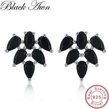 [BLACK AWN] изящное ювелирное изделие 925 пробы серебряные серьги черная шпинель лист Свадебные серьги гвоздики для женщин женские Bijoux I053