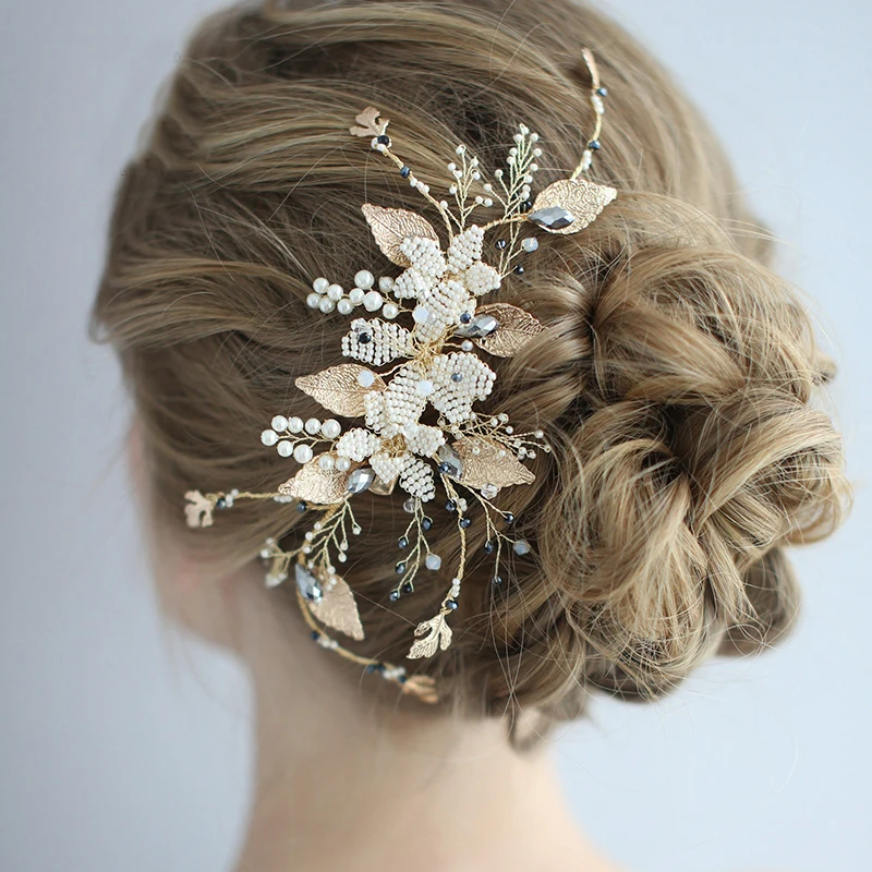 

Gold Pearls Beads Flower Leaf Hair Pin Clip Wedding Jewelry Vintage Bridal Head Pieces Hair Accessories For Bride Bridesmaids