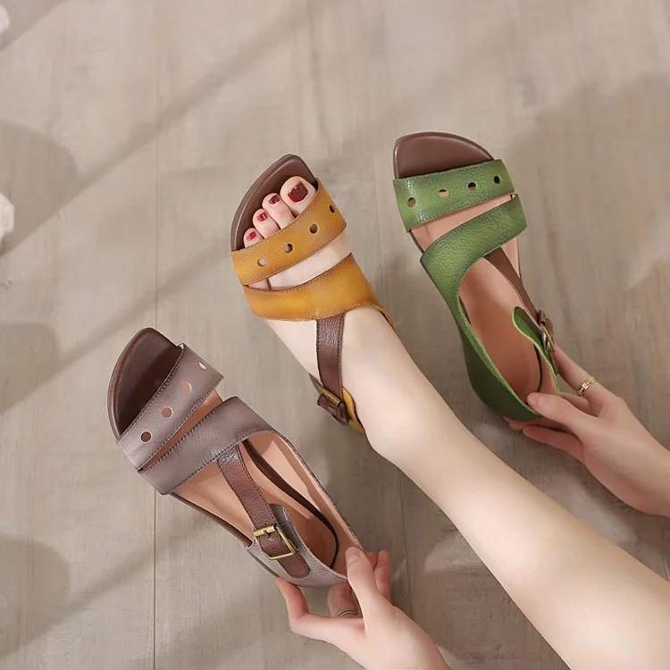 

2019 Summer Shoes New Retro Leather Leisure Comfortable Open Toe Soft Sole Sandals Women