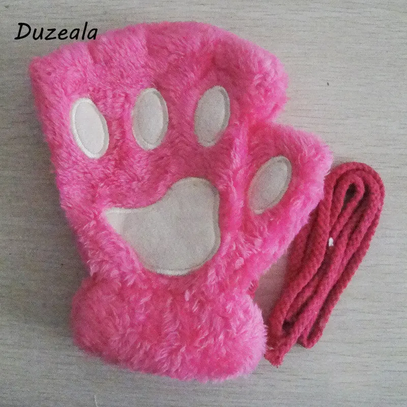 Duzeala 1 пара для женщин и девочек прекрасная зимняя теплая перчатки без пальцев пушистый медведь кошка плюшевая лапа коготь Половина пальцев перчатки варежки - Цвет: Rose red