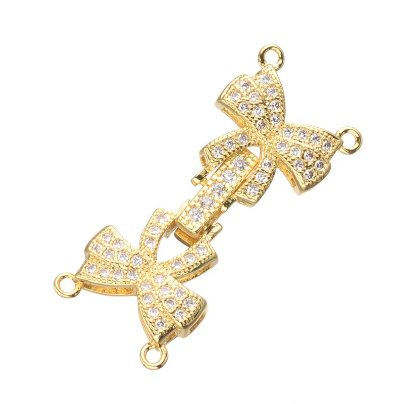 

Luxury CZ Rhinestone Double Bowknot Clasps Connectors Fit For Hand Made DIY Multi-Strand Pearls Necklace Bracelet Accessories