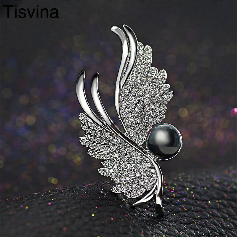 

Tisvina 2018 New Pearl Angel wings Brooches for women jewelry Inlaid Zircons Corsage Clothing Accessories pins Wedding party