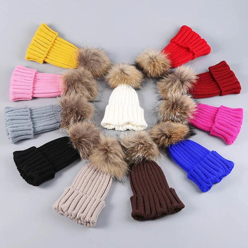 baby caps raccoon fur pompom