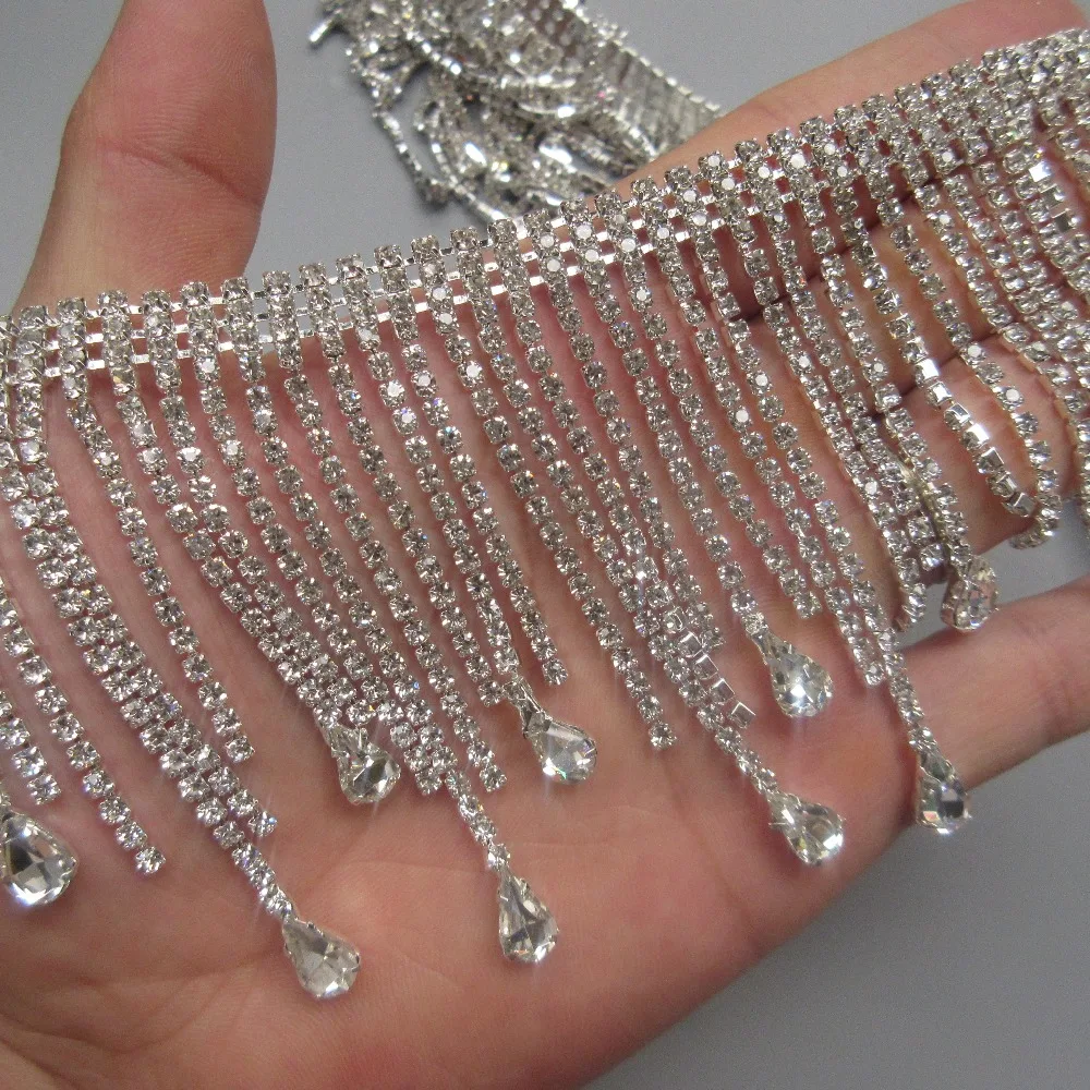 

1 Yard 78mm Rhinestone Tassel Trim Ribbon Silver Crystal Chain Bridal Sash Belt Sew on Applique Wedding Dress Necklace Handmade