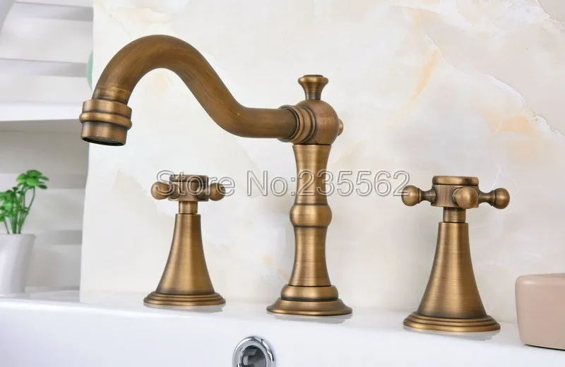 

Antique Brass 3 Hole Widespread Bathroom Basin Faucet Dual Handle Faucets Deck Mounted Vessel Sink / Bathtub Mixer Taps lan086