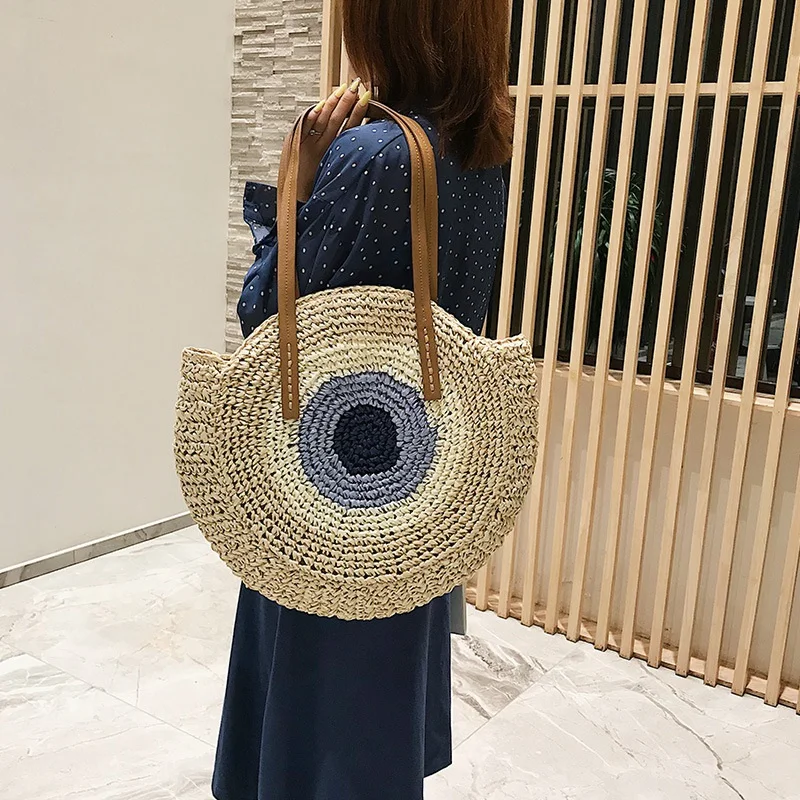 

Straw Bag Women'S Fashion Shoulder Bag Center Round Rattan Straw Hand-Woven Bohemian Large Size Beach Bag