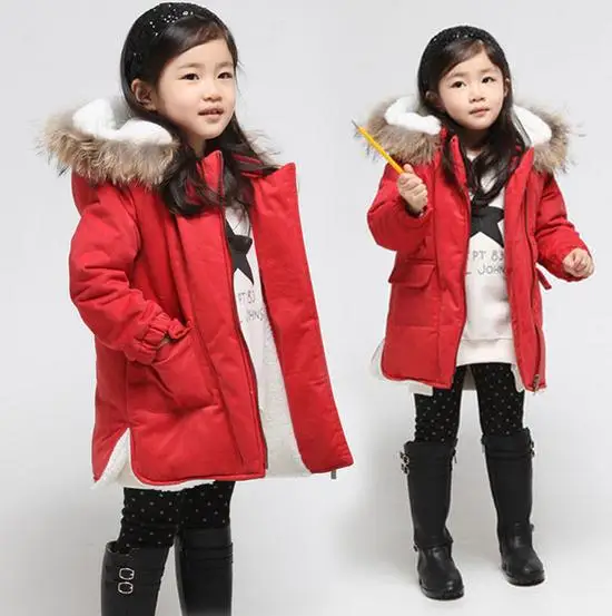 Г. Детские зимние пальто для девочек модные теплые однотонные красные пуховики и парки с меховым капюшоном для девочек зимняя одежда - Цвет: Красный