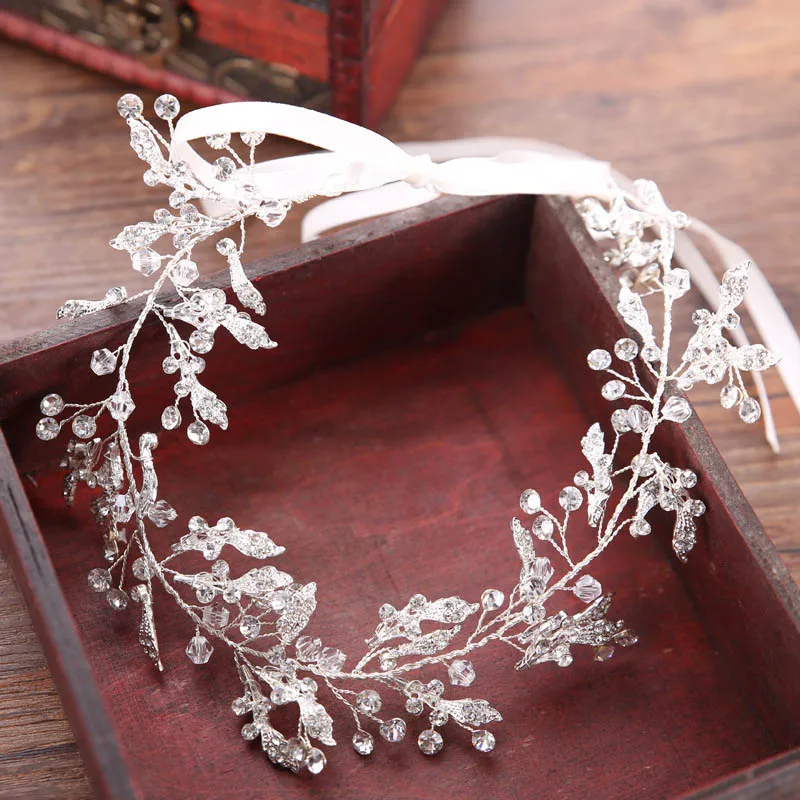 

Hair Jewelry For Women Metal Headbands Shiny Crystal branches Floral Hairband Wedding Bridal Tiaras Ribbon Hair Accessories