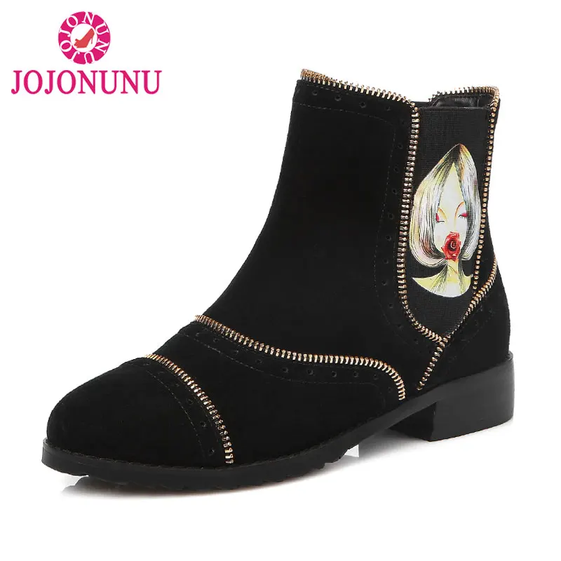 

JOJONUNU Brand New Women Genuine Leather Ankle Boots Woman Fashion Floral Square Heel Botas Fur Winter Warm Shoes Size 31-45