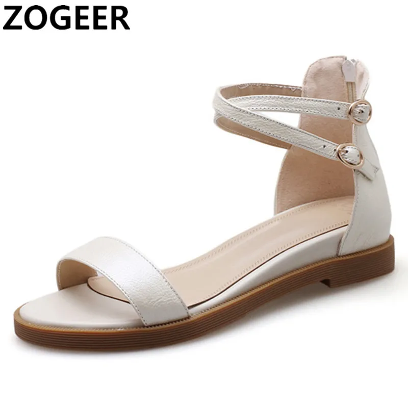 

2019 Summer Women Sandals Genuine Leather Wedge Flat Heel Flip Flops Gladiator Casual ankle strap Shoe Woman white gold