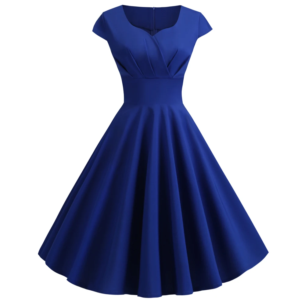 Joineles, элегантный стиль, милая горловина, короткий рукав, женское ретро платье, 6 однотонных цветов, летнее винтажное платье, хлопковая туника, Vestidos - Цвет: Blue