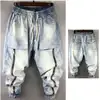 Idopy-sarouel-jean Vintage délavé, fermetures éclair, coupe ample, taille élastique, avec cordon de serrage, grandes poches, jogging en Denim pour hommes ► Photo 2/6
