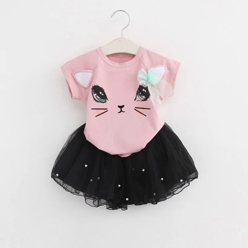 Комплекты детской одежды из 2 предметов милые летние футболки с принтом котенка для девочек+ юбка с вуалью QF