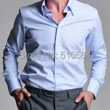 Мужская рубашка из хлопка на заказ, деловая повседневная мужская Тонкая рубашка на пуговицах с отложным воротником, светло-голубая рубашка