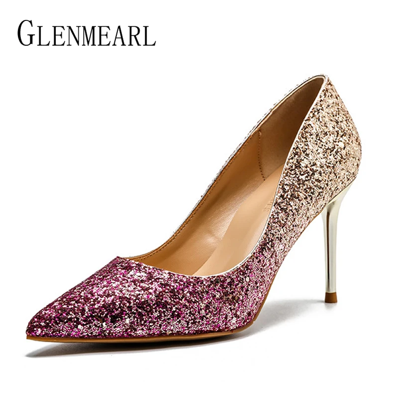 

Women Wedding Shoes High Heels Brand Woman Pumps Bling Pointed Toe Sexy Female Party Shoes Spring Summber Plus Size New Arrival