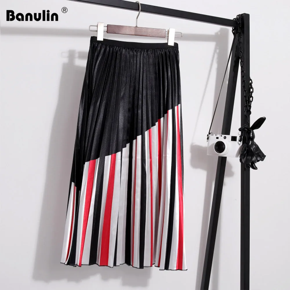 

Banulin Fashion Summer Patterns Stripe High Waist Skirt Women Elastic Waist Spring Velvet Patchwork Pleated Skirts Female