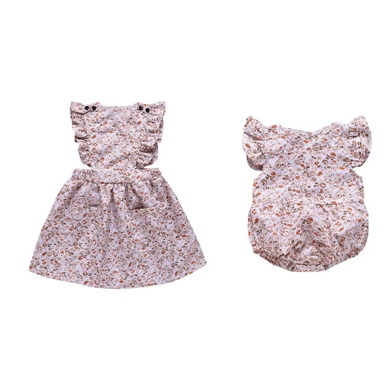 

Summer Baby Girl Flare Sleeve Floral Pattern Sister Family Matching Outfits Casual Dress Romper for Sisters Twins