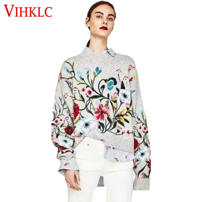 

Wool Women's Winter Sweaters 2018 Runway Designer Flora Embroidery Ethnic Vintage Knitted Ladies Pullovers sueter mujer B97