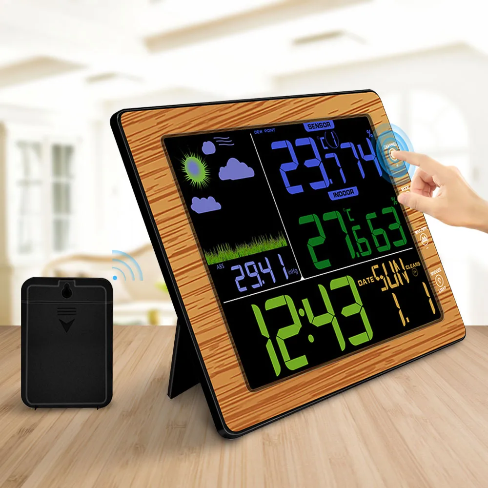 

Wireless Thermometer Hygrometer Indoor Outdoor Weather Station Temperature Humidity Meter Color Screen Alarm Clock