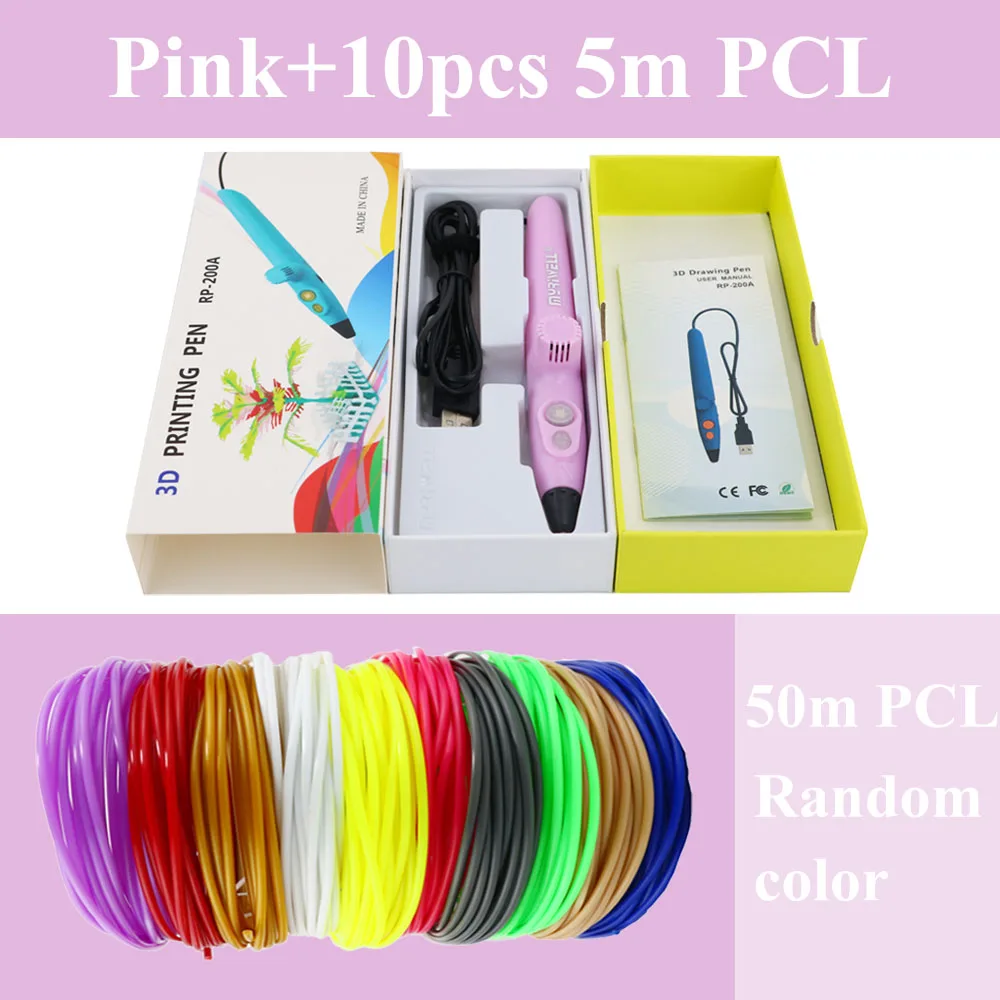 Myriwell 3D игла принтера RP-200A USB низкотемпературная 3D Ручка каракули с 1,75 мм PCL материал для детей 3D Рисунок игрушки подарки - Цвет: Pink 50m PCL