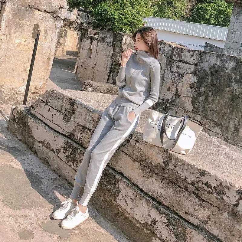 Осенне зимние вязаные спортивные костюмы куртка на молнии с высоким воротником и
