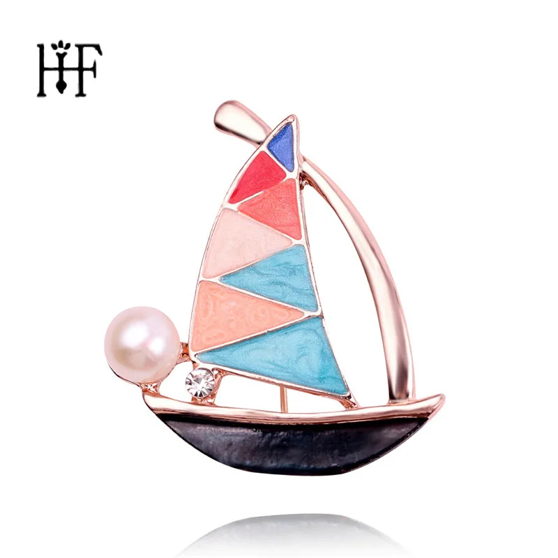 

Freshwater Pearl Enameled Colorful Sailing Boat Brooches Zinc Alloy Junk Pin Women's Garment Accessories Lapel Pins Mujer