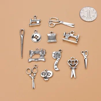 

12pcs Antique Silver Sewing series mixed model Charm Handmade Jewelry earrings Bracelet Necklace Children's day gift jewelry