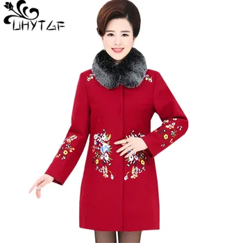 

UHYTGF XL-4XL Plus size outerwear Women autumn winter wool coat Fashion printing Women jacket Temperament mother woolen coat 200