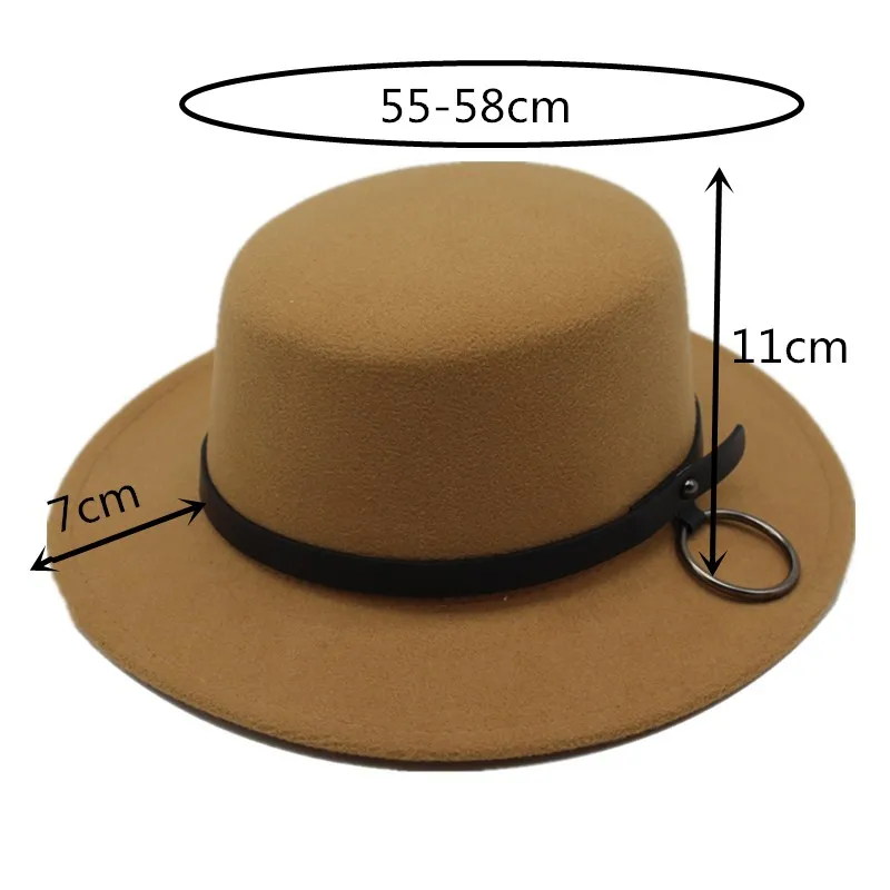 Seioum Европейский США Для женщин шерсть канотье Flat Top Шляпа С Широкими Полями Фетровая шляпа с цепью женские Feltro котелок игрок Top Hat