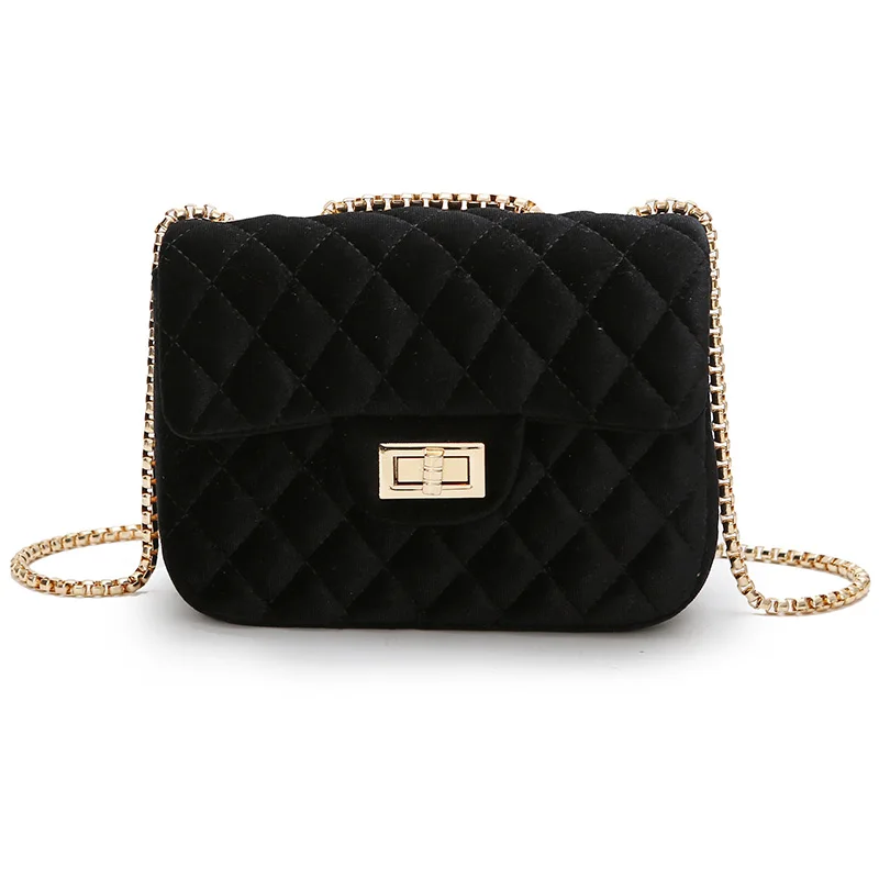 Женская классическая сумка-мессенджер с ромбовидной решеткой, сумочка из велюра, Женская Роскошная сумочка с замшевой цепочкой, стеганая сумка через плечо - Цвет: Черный