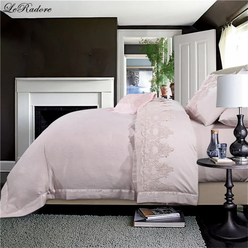 

LeRadore Jacquard Pure Cotton Pearl Lace Embroidery Bedding Sets Duvet Cover Sheet Pillowcases Bed Linens for Girls Queen Size