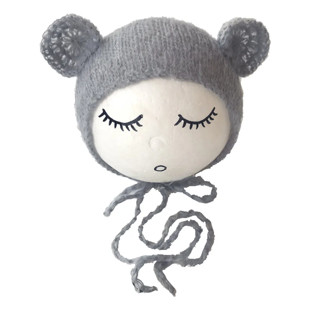 Милый ребенок вязание мультфильм медведь уха шляпа для фотографирования новорожденных реквизит шапки крючком хлопок детские реквизит фото кепки - Цвет: Серый