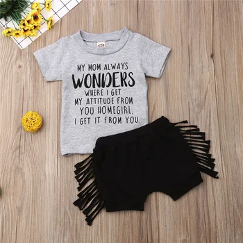 

6-36 Months Baby Girls Clothing Set Gray Letter Print T-Shit For Girls Set Black Tassel Shots Children Outfits Toddler Girl Suit