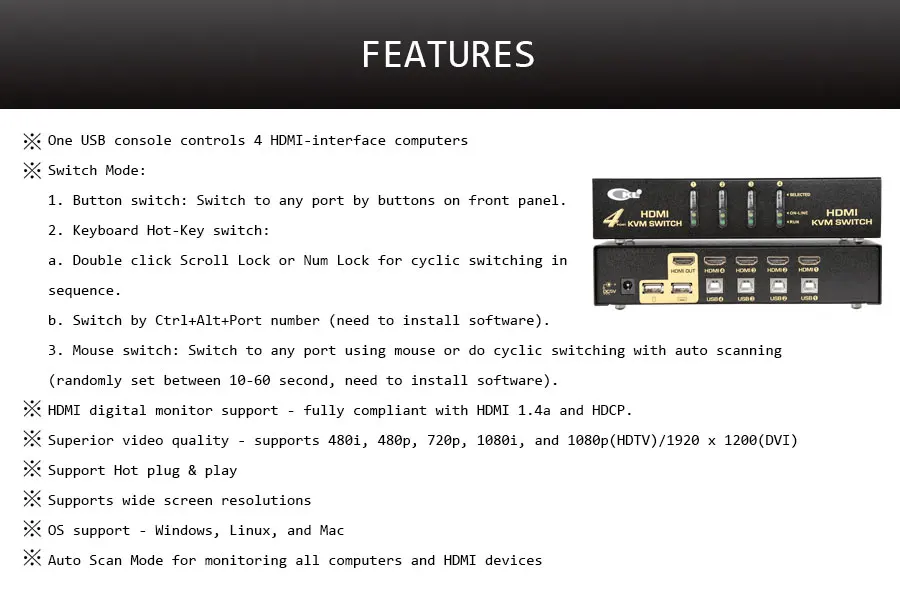 CKL USB HDMI kvm-переключатель 4 Порты и разъёмы без кабеля, монитор компьютера клавиатура Мышь Switcher Поддержка клавиш автоматического