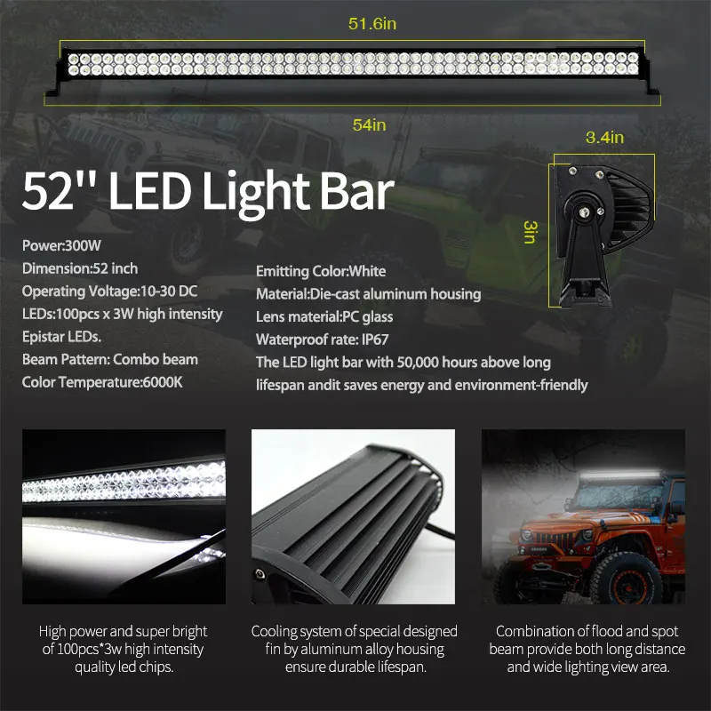 52'' 300W Headlight LED Light Bar Kit 4