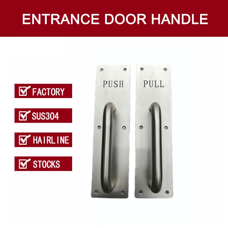Push/Pull Handle on Plate Is Made of Brushed Satin Stainless Steel For