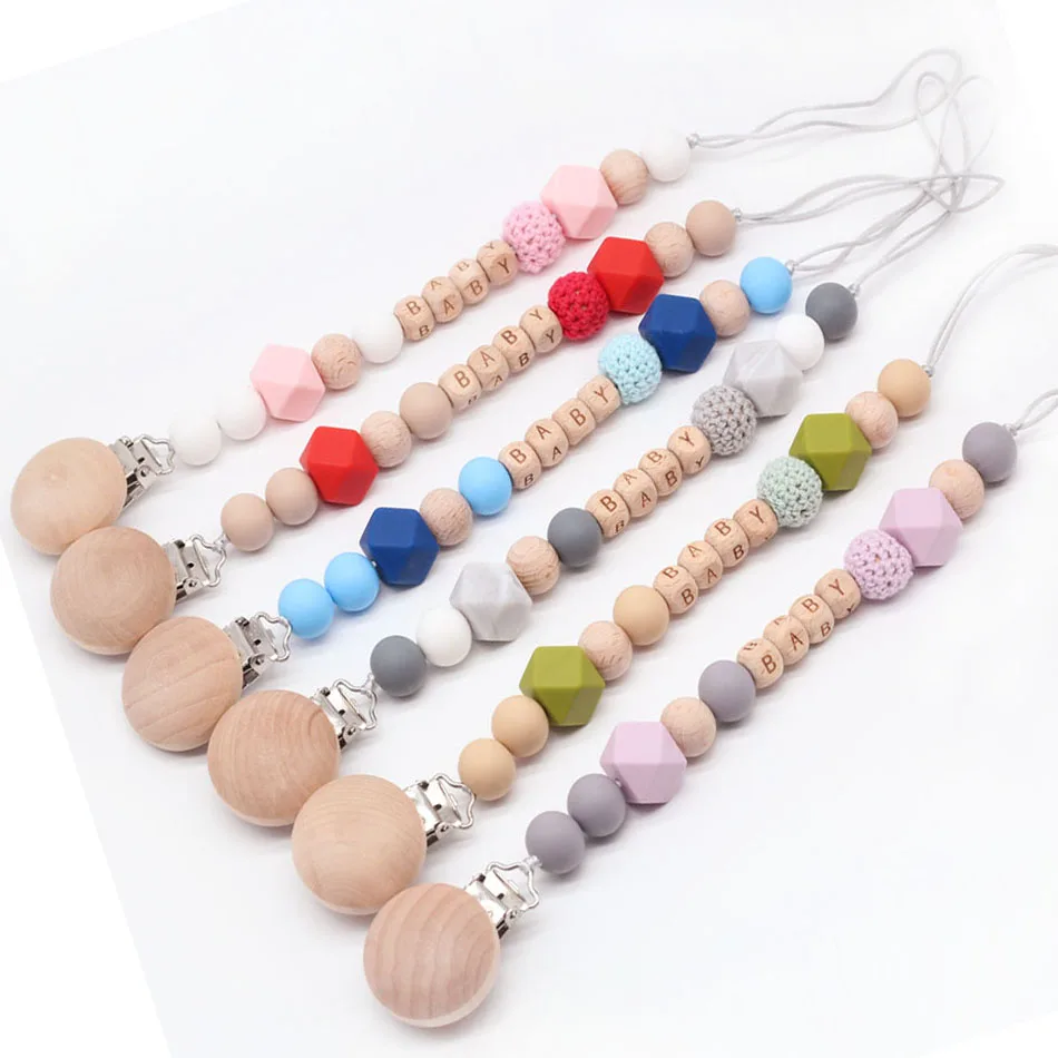 

Personalized Name Silicone Bead Teething Pacifier Clip Wood Beads Nursing Clip Paci Clip Toy Binky Binkie Clip Baby Shower Gift