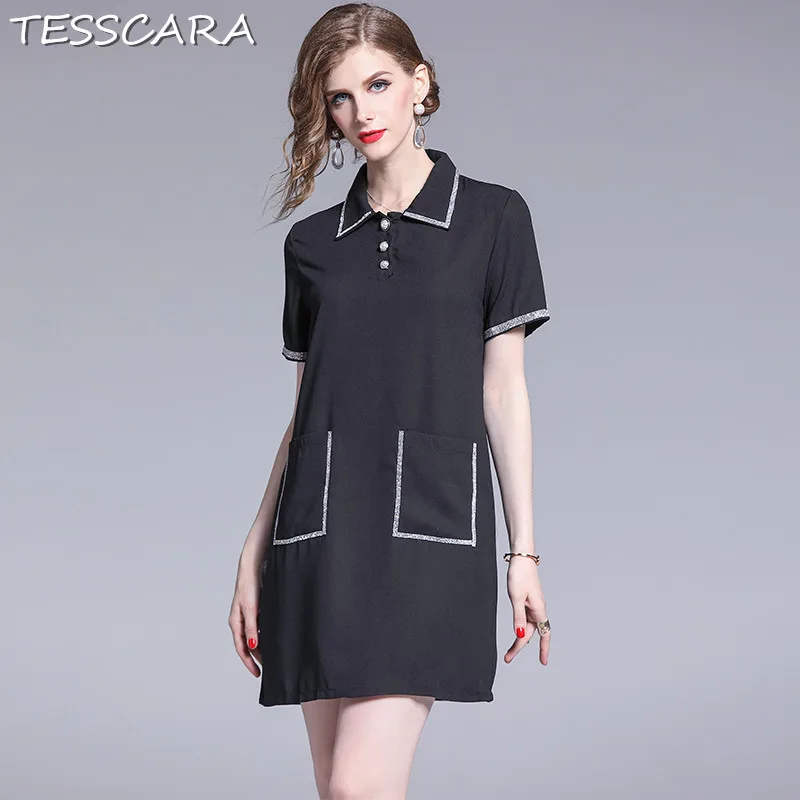 

TESSCARA Women Summer Elegant Diamonds Beading Dress Festa Female High Quality Office Robe Femme Designer Short Black Vestidos